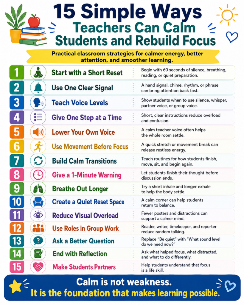 Infographic showing 15 simple ways teachers can calm students and rebuild focus, including short resets, clear signals, voice levels, calm transitions, movement, breathing, reflection, and student partnership.
