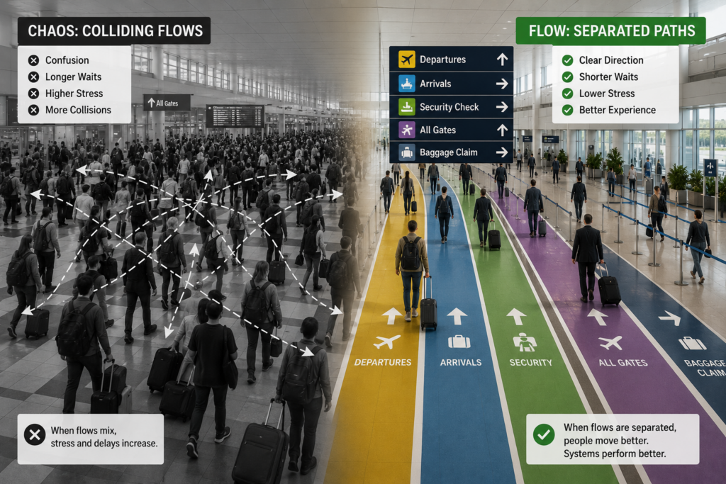 Split-screen illustration of an airport terminal showing chaotic passenger movement with intersecting paths on one side and organized, separated passenger flows with clear wayfinding on the other, demonstrating how flow design reduces stress, delays, and congestion.