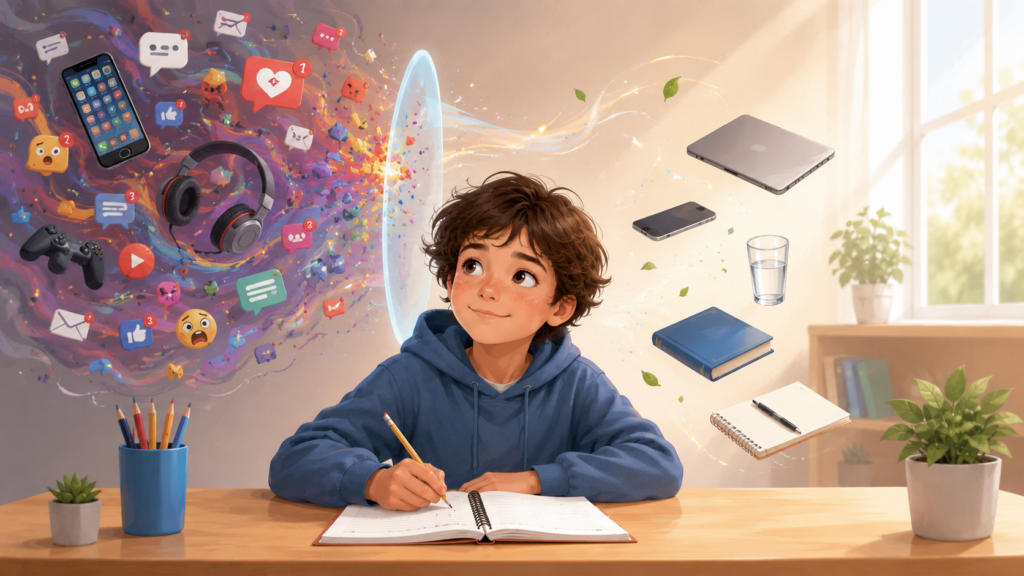 Student focusing at a desk while a filter separates digital overload, notifications, gaming, and social media distractions from calmer learning tools such as books, water, and a notebook.
