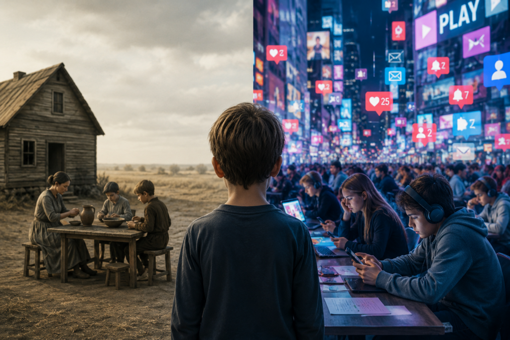 Child standing between a simple low-stimulation past and a modern world overloaded with screens, notifications, social media, and constant digital input.