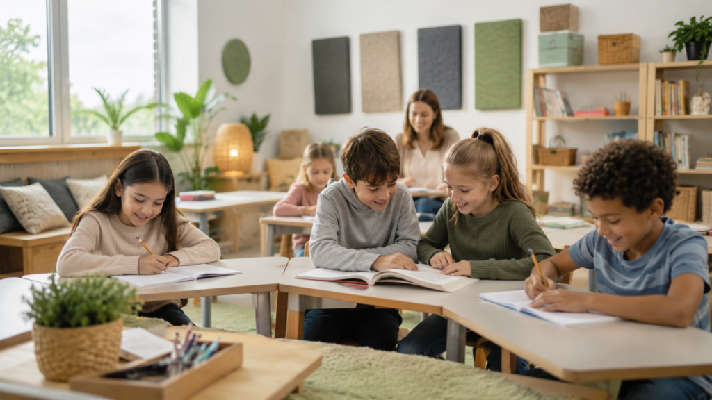Happy students enjoying calm, focused learning in a quiet classroom with a warm, welcoming atmosphere.