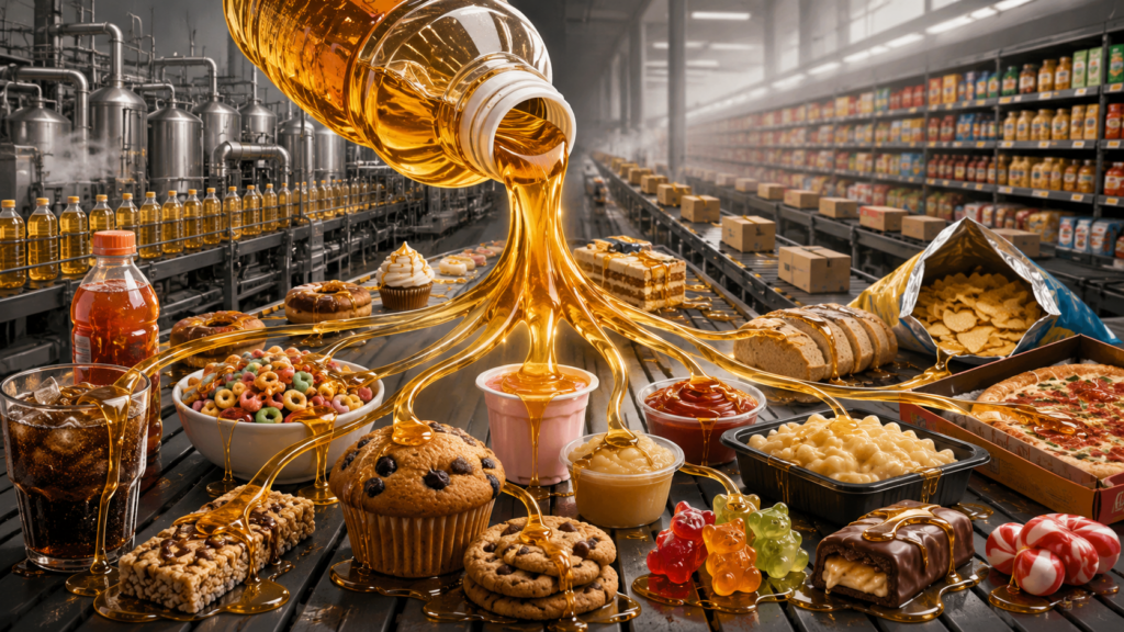 High-fructose corn syrup pouring through a food factory and spreading across soft drinks, cereal, bread, snacks, sauces, frozen food, and sweets.