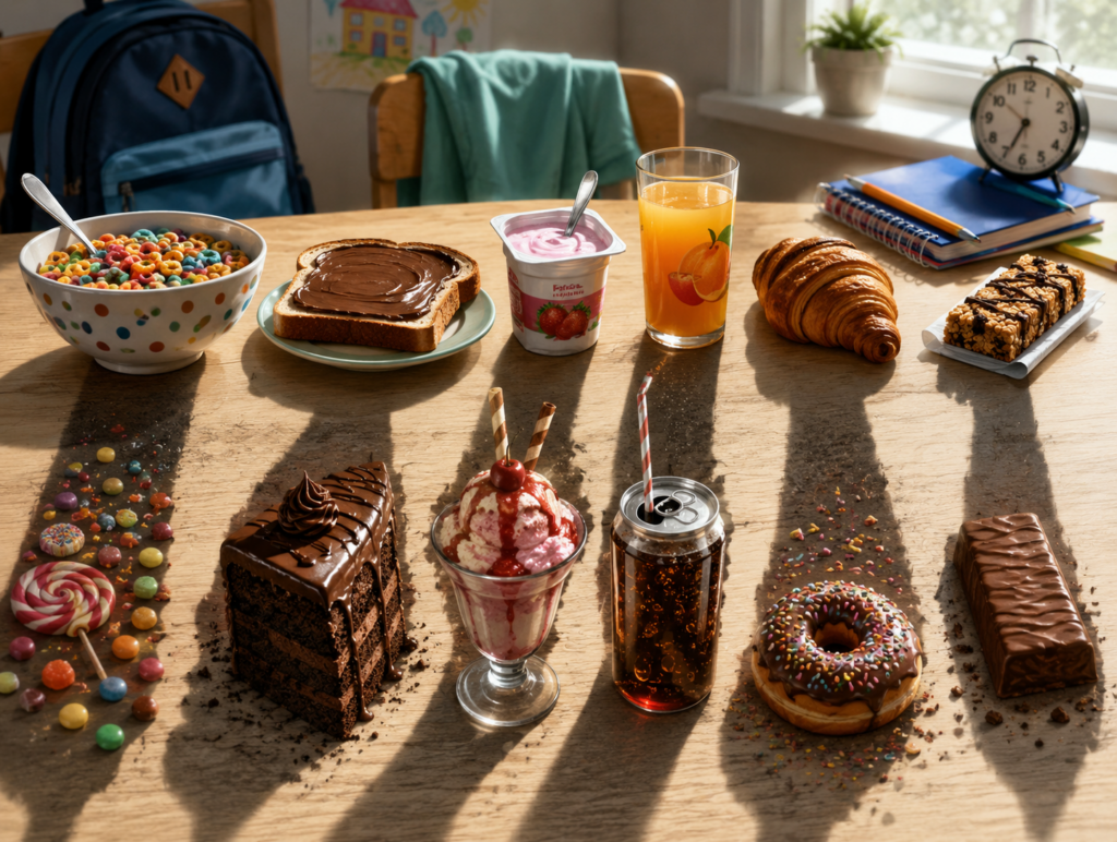 Children’s breakfast foods casting dessert shadows, showing how sugary cereal, chocolate spread, sweet yogurt, juice, croissant, and cereal bars can turn breakfast into dessert.