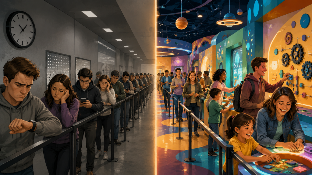 Split-screen illustration comparing a traditional waiting line with bored and frustrated people to an engaging interactive queue where visitors explore exhibits, solve puzzles, learn, and enjoy the experience while moving forward, demonstrating the principles of queue psychology and human-centered design.
