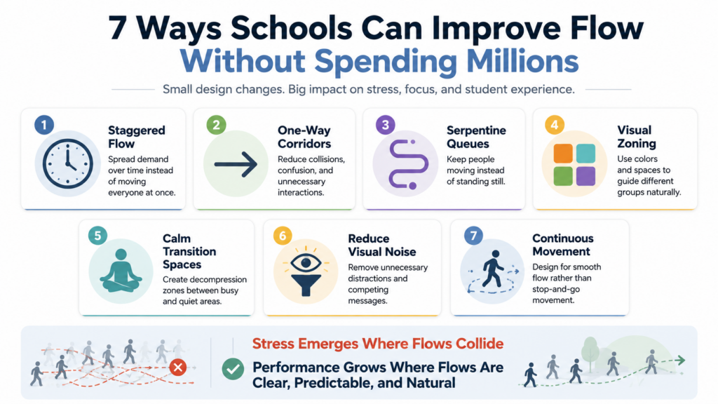 Educational infographic showing seven practical ways schools can improve student flow, reduce stress, and enhance learning without major investments, including staggered schedules, one-way corridors, serpentine queues, visual zoning, calm transition spaces, reduced visual noise, and continuous movement design.