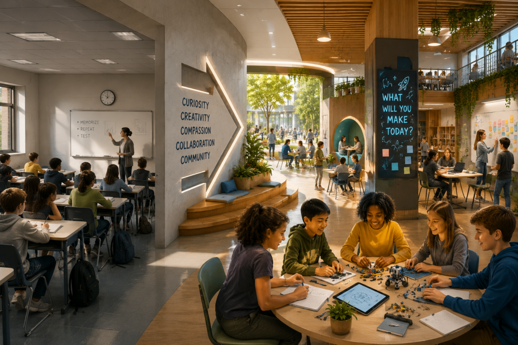 Modern school environment designed to improve student flow, focus, collaboration, and well-being, featuring flexible learning spaces, creative work areas, natural light, and student-centered design principles.