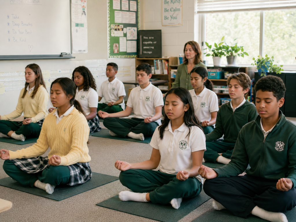 Illustration of students meditating in a classroom inspired by Maharishi School in Fairfield, Iowa, with older children in school uniforms and a teacher present.