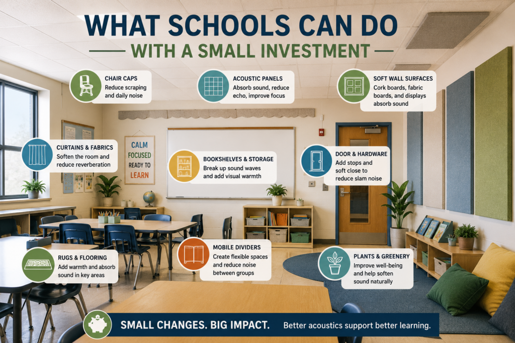 Classroom infographic showing low-cost school improvements for better acoustics, including chair caps, acoustic panels, soft wall surfaces, curtains, rugs, bookshelves, door stops, mobile dividers, and plants.
