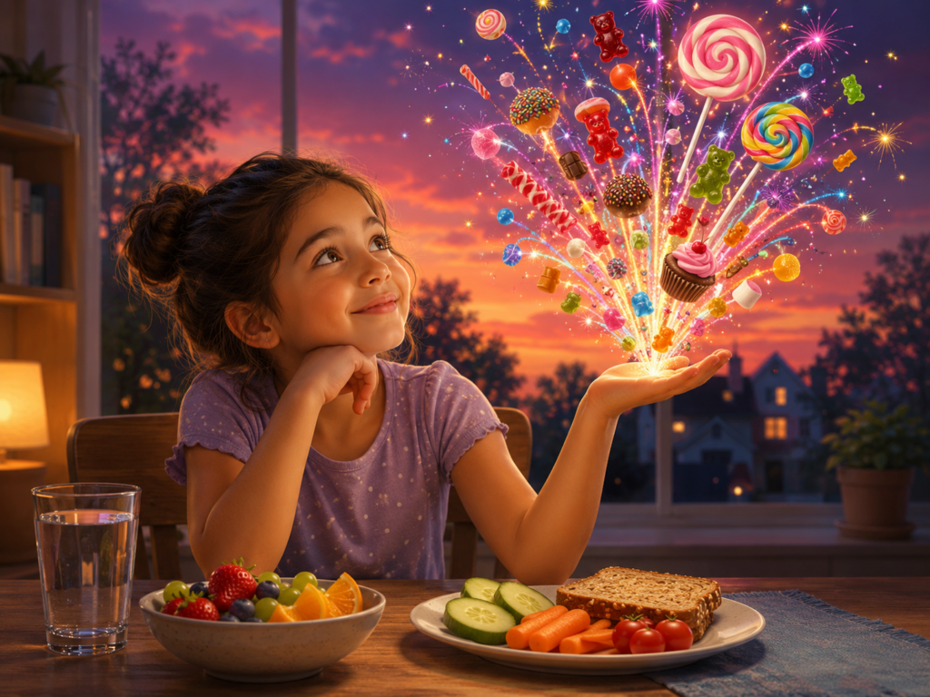 Young girl at the dinner table looking at sweets bursting like fireworks above her hand, illustrating the idea that sugar should be treated like fireworks rather than everyday food.