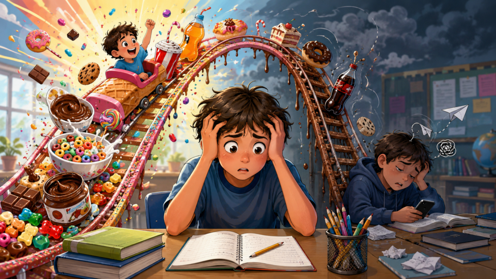 Student struggling to focus in a classroom while a rollercoaster of sugary foods and drinks illustrates energy spikes, restlessness, and fatigue.