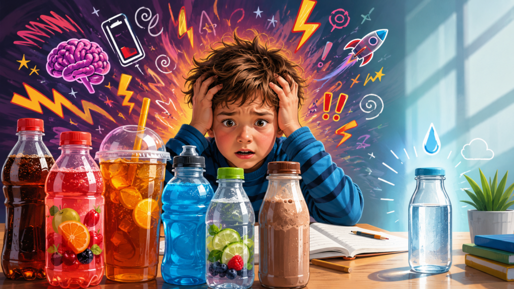 Child struggling to focus at a school desk while sugary drinks create visual overload, contrasted with a simple bottle of water.