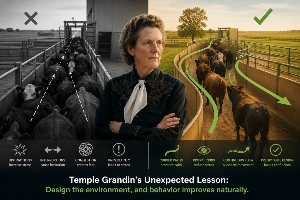 Illustration comparing a traditional straight cattle chute with Temple Grandin’s curved livestock handling system, showing how thoughtful environmental design reduces stress, improves movement flow, and encourages calmer behavior.