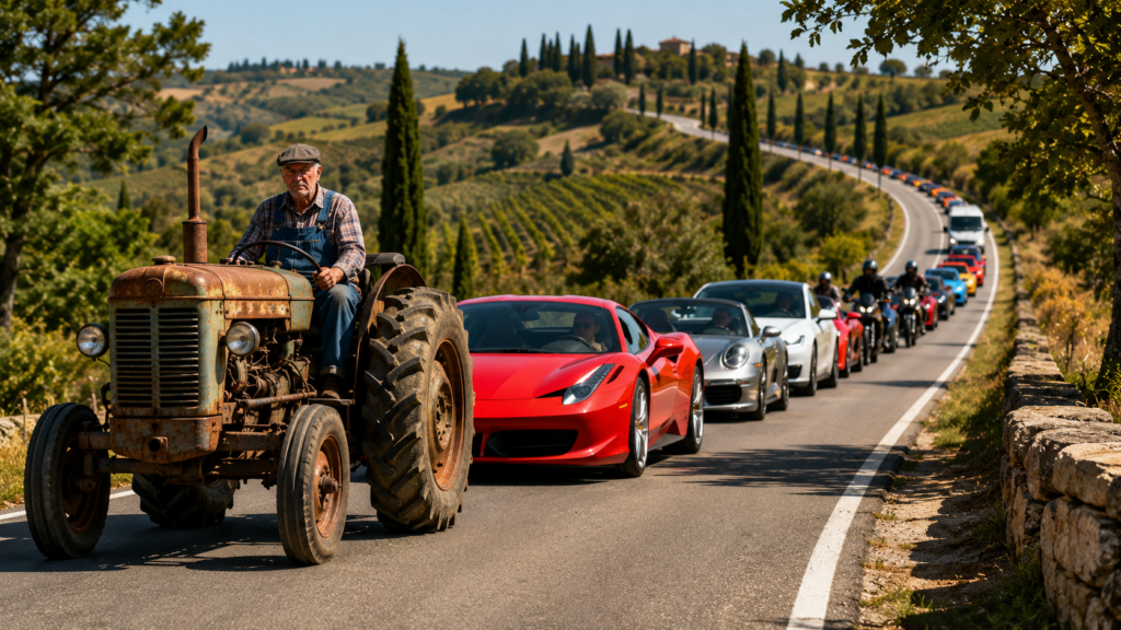 A long line of high-performance sports cars and motorcycles is forced to travel behind a slow tractor on a narrow country road, illustrating the Theory of Constraints principle that the performance of an entire system is determined by its bottleneck.