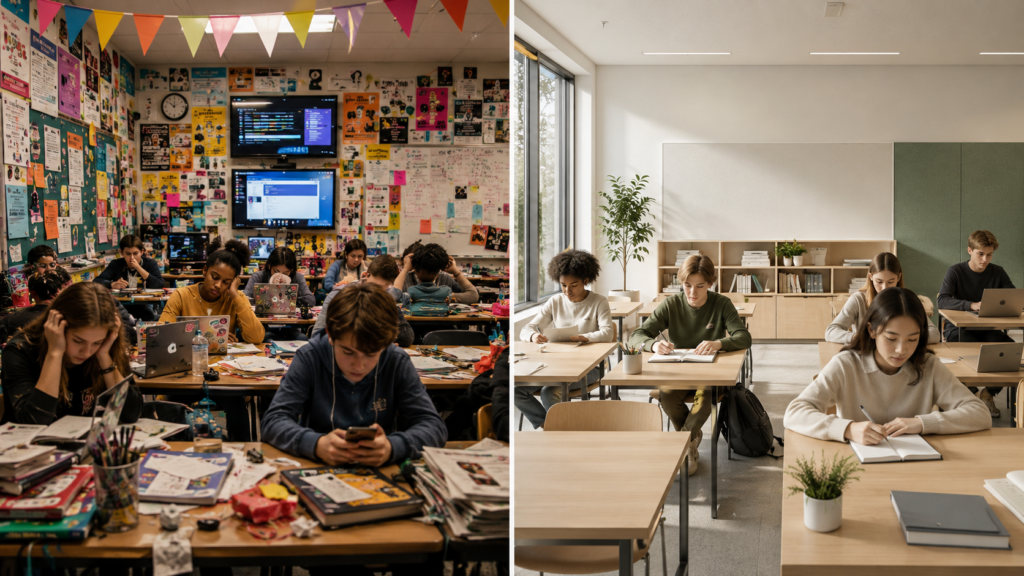 Split-screen illustration comparing a visually cluttered classroom filled with posters, screens, notifications, and distractions to a clean, organized learning environment with natural light and minimal visual noise, demonstrating how thoughtful design improves focus and reduces cognitive overload.