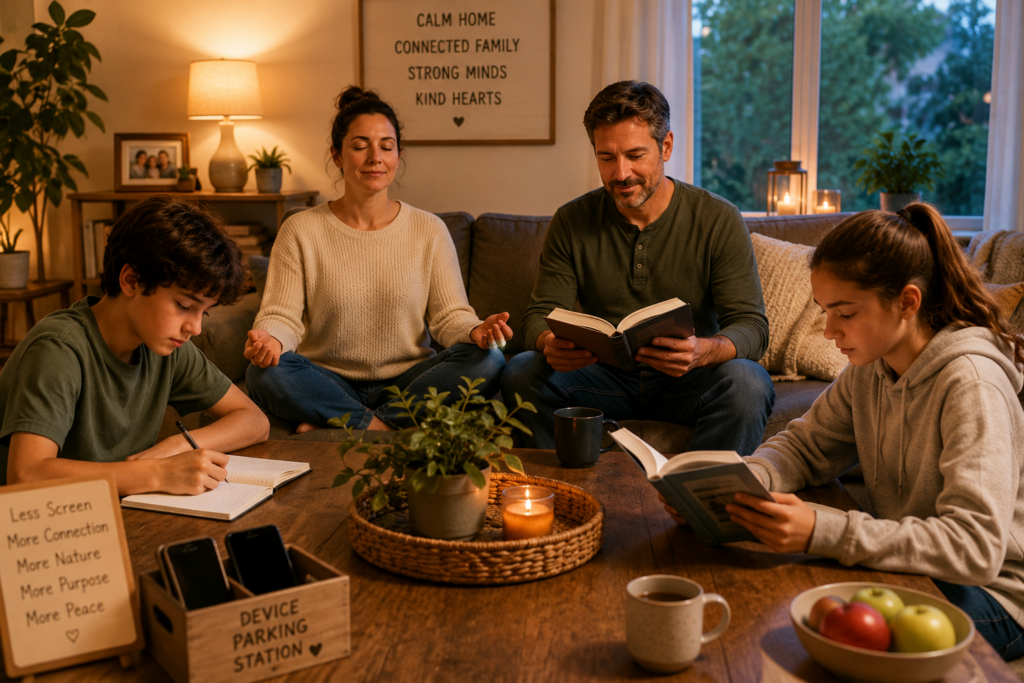Family spending a calm screen-free evening at home with reading, writing, meditation, and a device parking station to support children’s focus and self-regulation.