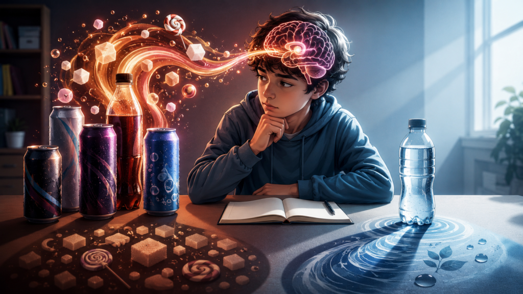 Student comparing zero-sugar soft drinks with water, illustrating how artificial sweeteners may reduce sugar but still reinforce the habit of expecting every drink to taste sweet.